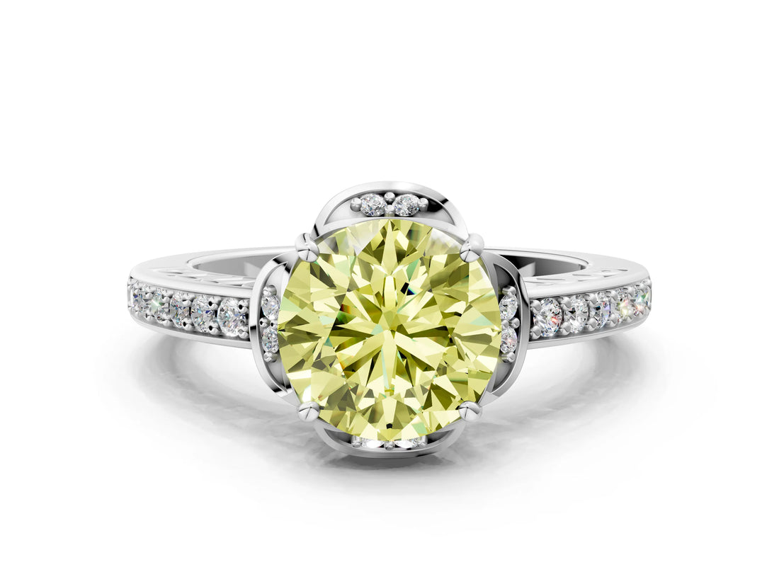 White gold Fancy Yellow Round  Cut Halo Diamond Ring with Channel Set Band and Four-Prong Setting_30
