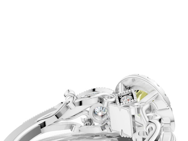 White gold Fancy Yellow Round Cut Halo Diamond Ring with Milgrain and Bezel Accents on a Split Shank Band