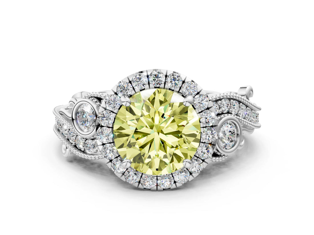 White gold Fancy Yellow Round Cut Halo Diamond Ring with Milgrain and Bezel Accents on a Split Shank Band_12