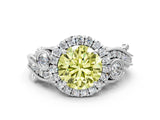 White gold Fancy Yellow Round Cut Halo Diamond Ring with Milgrain and Bezel Accents on a Split Shank Band_12