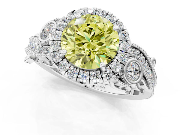 White gold Fancy Yellow Round Cut Halo Diamond Ring with Milgrain and Bezel Accents on a Split Shank Band