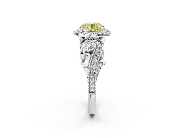 White gold Fancy Yellow Round Cut Halo Diamond Ring with Milgrain and Bezel Accents on a Split Shank Band
