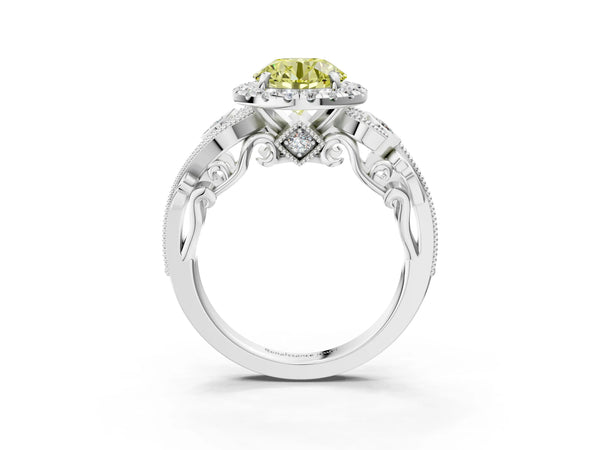 White gold Fancy Yellow Round Cut Halo Diamond Ring with Milgrain and Bezel Accents on a Split Shank Band