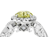 White gold Fancy Yellow Round Cut Halo Diamond Ring with Milgrain and Bezel Accents on a Split Shank Band_16