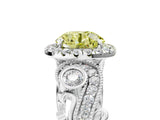 White gold Fancy Yellow Round Cut Halo Diamond Ring with Milgrain and Bezel Accents on a Split Shank Band_17