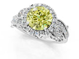 White gold Fancy Yellow Round Cut Halo Diamond Ring with Milgrain and Bezel Accents on a Split Shank Band_1