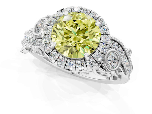 White gold Fancy Yellow Round Cut Halo Diamond Ring with Milgrain and Bezel Accents on a Split Shank Band