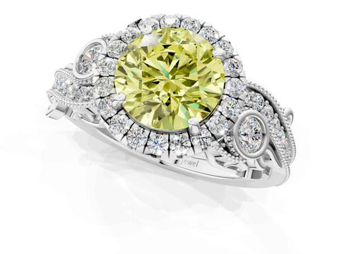 White gold Fancy Yellow Round Cut Halo Diamond Ring with Milgrain and Bezel Accents on a Split Shank Band_1
