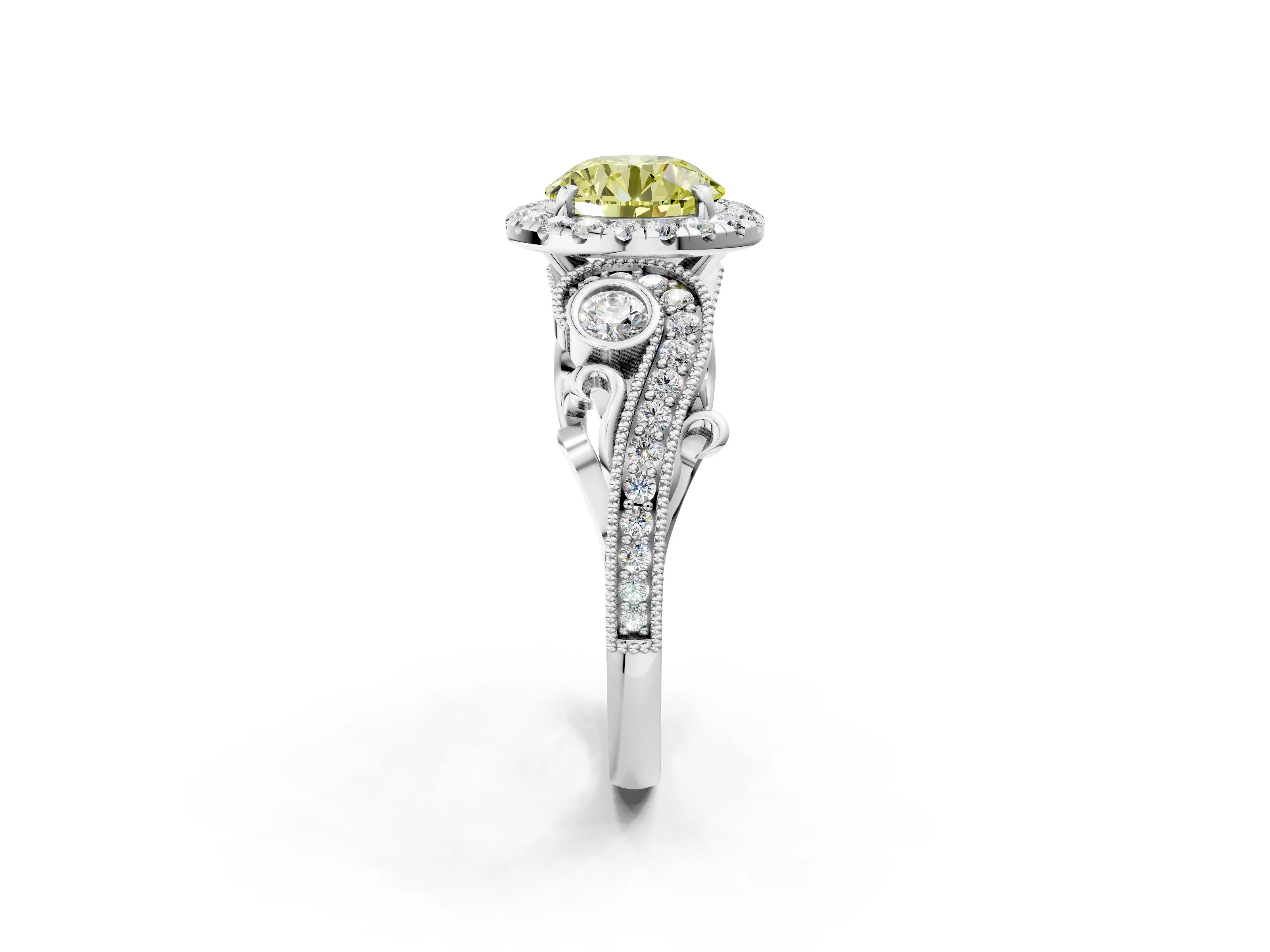 White gold Fancy Yellow Round Cut Halo Diamond Ring with Milgrain and Bezel Accents on a Split Shank Band_2