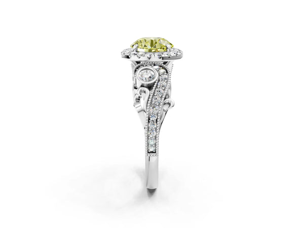 White gold Fancy Yellow Round Cut Halo Diamond Ring with Milgrain and Bezel Accents on a Split Shank Band