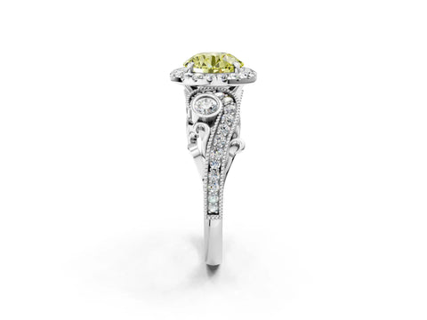 White gold Fancy Yellow Round Cut Halo Diamond Ring with Milgrain and Bezel Accents on a Split Shank Band_2