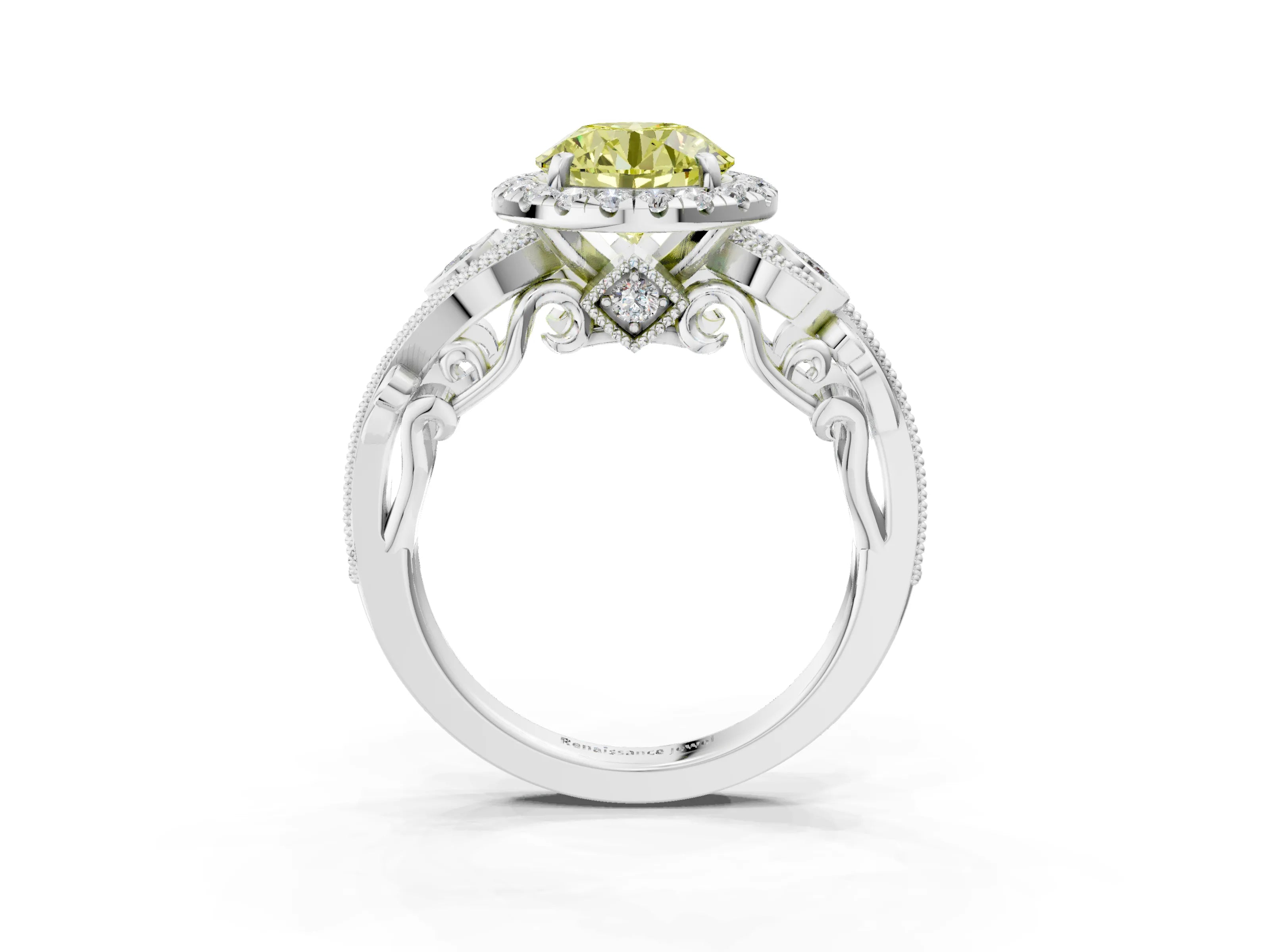 White gold Fancy Yellow Round Cut Halo Diamond Ring with Milgrain and Bezel Accents on a Split Shank Band_3