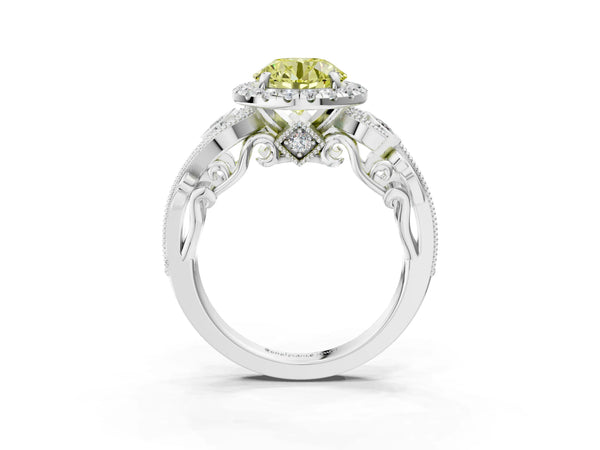 White gold Fancy Yellow Round Cut Halo Diamond Ring with Milgrain and Bezel Accents on a Split Shank Band