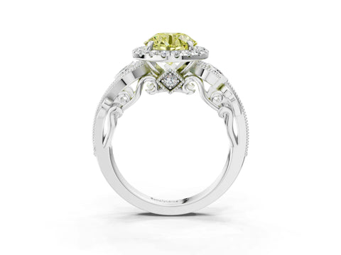 White gold Fancy Yellow Round Cut Halo Diamond Ring with Milgrain and Bezel Accents on a Split Shank Band_3