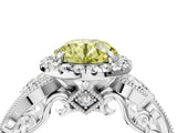 White gold Fancy Yellow Round Cut Halo Diamond Ring with Milgrain and Bezel Accents on a Split Shank Band_4