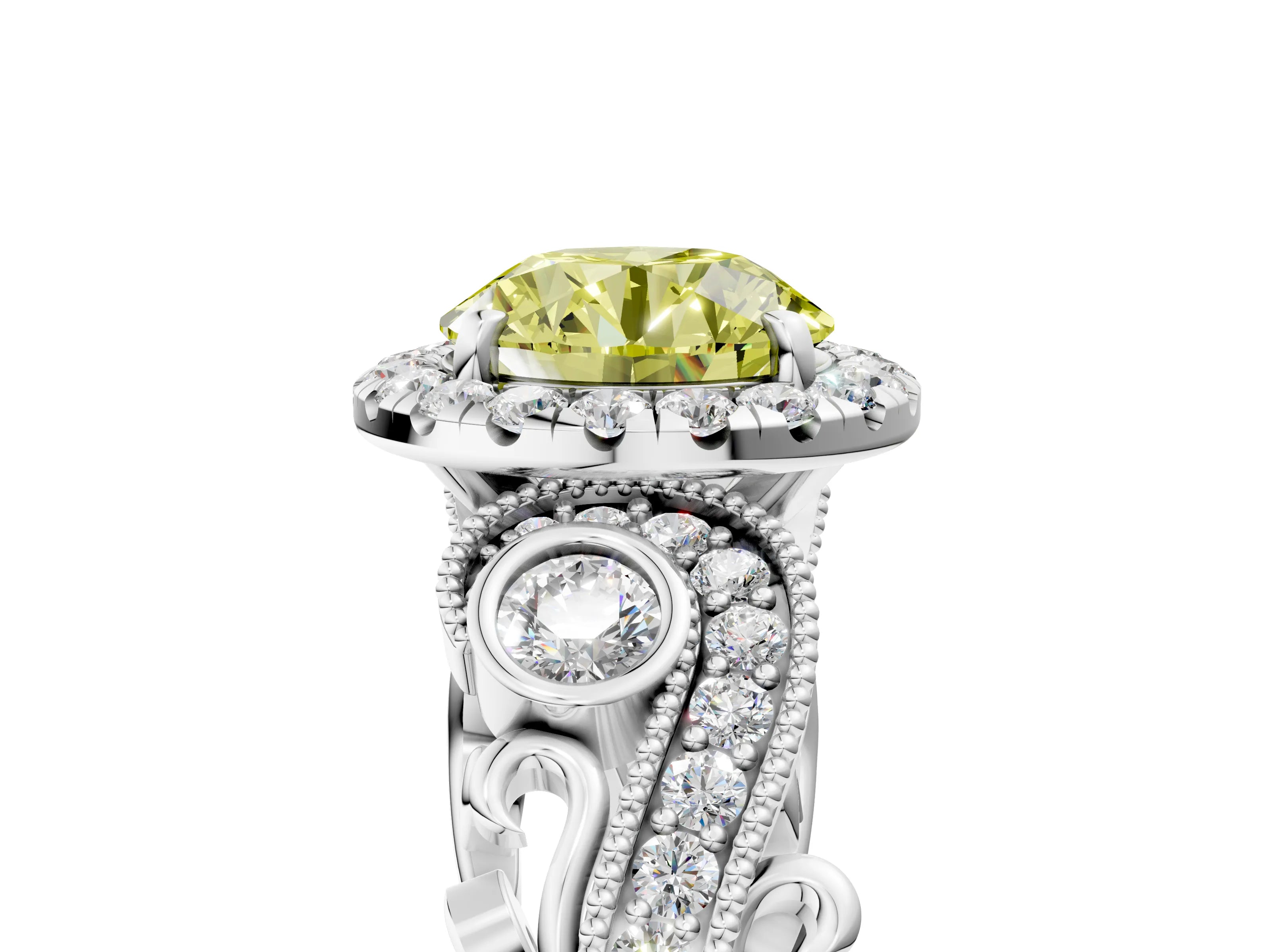 White gold Fancy Yellow Round Cut Halo Diamond Ring with Milgrain and Bezel Accents on a Split Shank Band_5