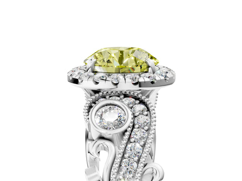 White gold Fancy Yellow Round Cut Halo Diamond Ring with Milgrain and Bezel Accents on a Split Shank Band_5