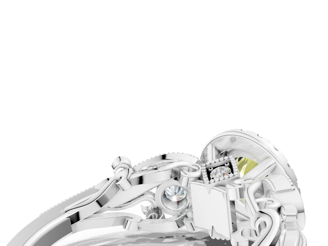 White gold Fancy Yellow Round Cut Halo Diamond Ring with Milgrain and Bezel Accents on a Split Shank Band