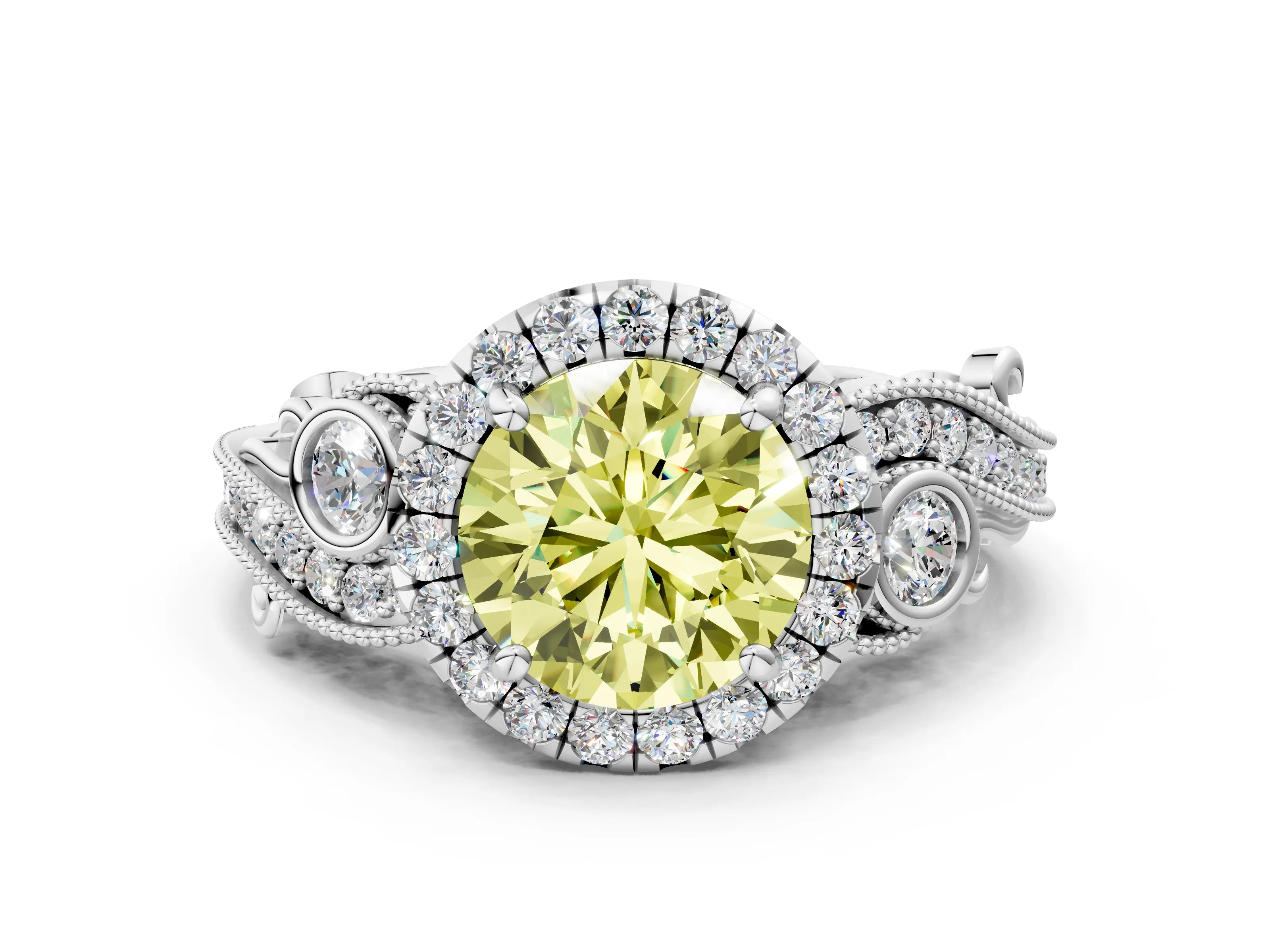 White gold Fancy Yellow Round Cut Halo Diamond Ring with Milgrain and Bezel Accents on a Split Shank Band