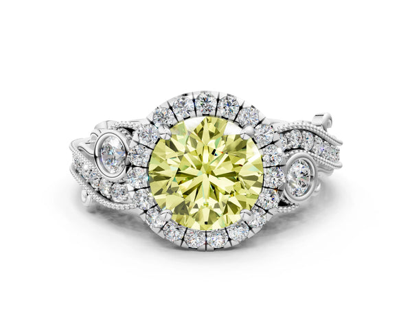 White gold Fancy Yellow Round Cut Halo Diamond Ring with Milgrain and Bezel Accents on a Split Shank Band