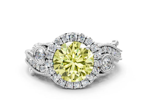 White gold Fancy Yellow Round Cut Halo Diamond Ring with Milgrain and Bezel Accents on a Split Shank Band