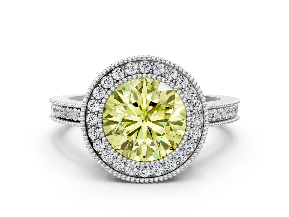 White gold Fancy Yellow Round  Cut Halo Diamond Ring with Pavé Band and Milgrain Prong Setting_56