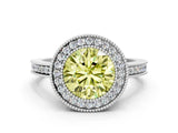 White gold Fancy Yellow Round  Cut Halo Diamond Ring with Pavé Band and Milgrain Prong Setting_56