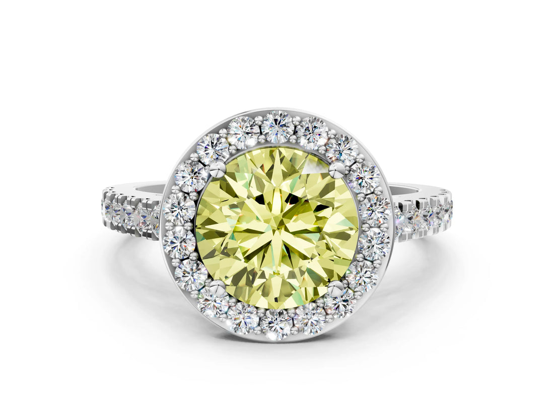 White gold Fancy Yellow Round Cut Halo Diamond Ring with Pavé Band and Three-Prong Setting_24