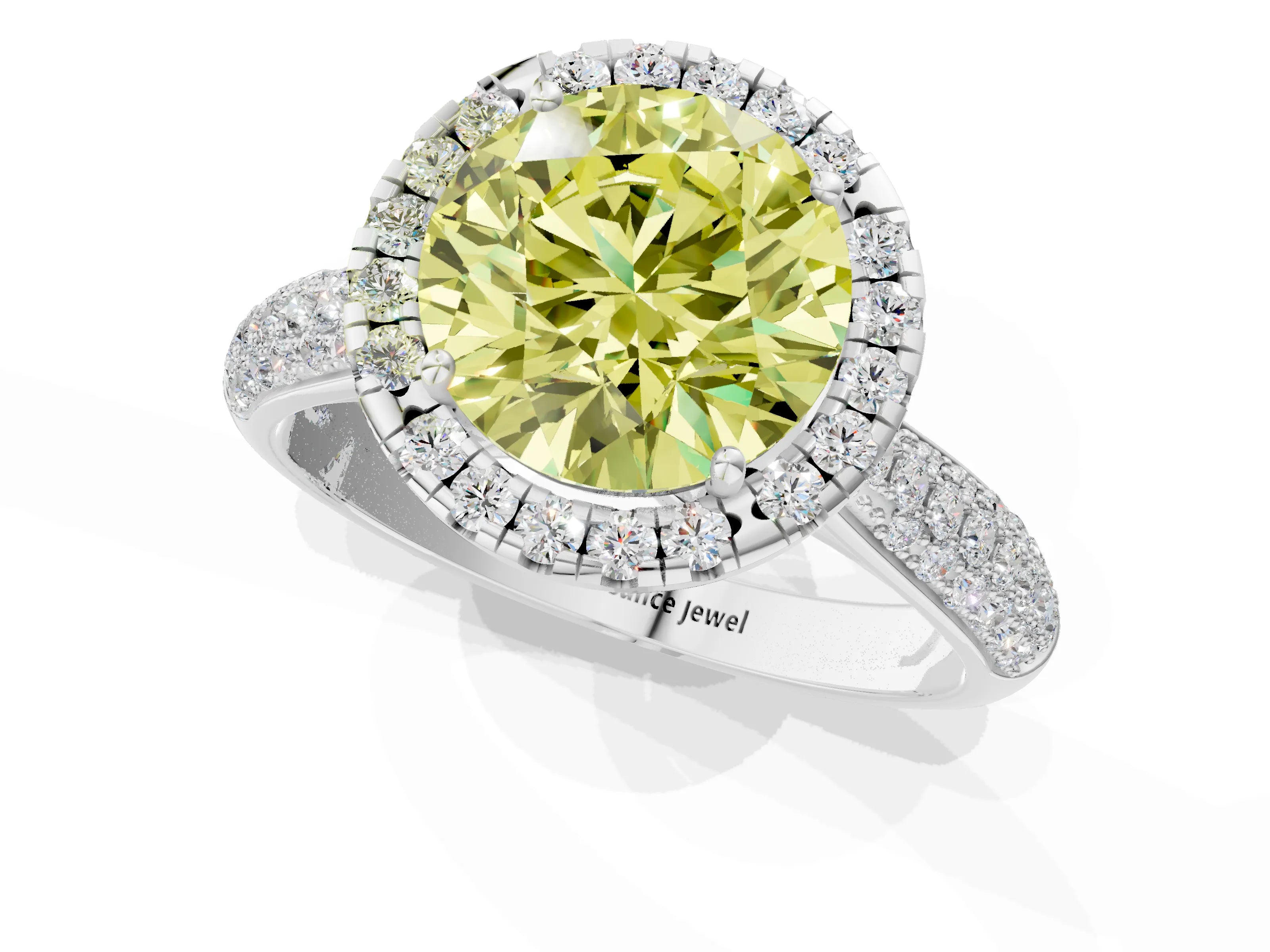 White gold Fancy Yellow Round Cut Halo Diamond Ring with Pavé Band_1