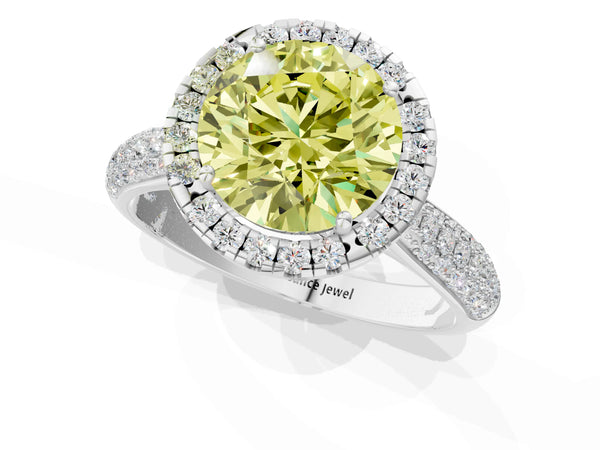 White gold Fancy Yellow Round Cut Halo Diamond Ring with Pavé Band