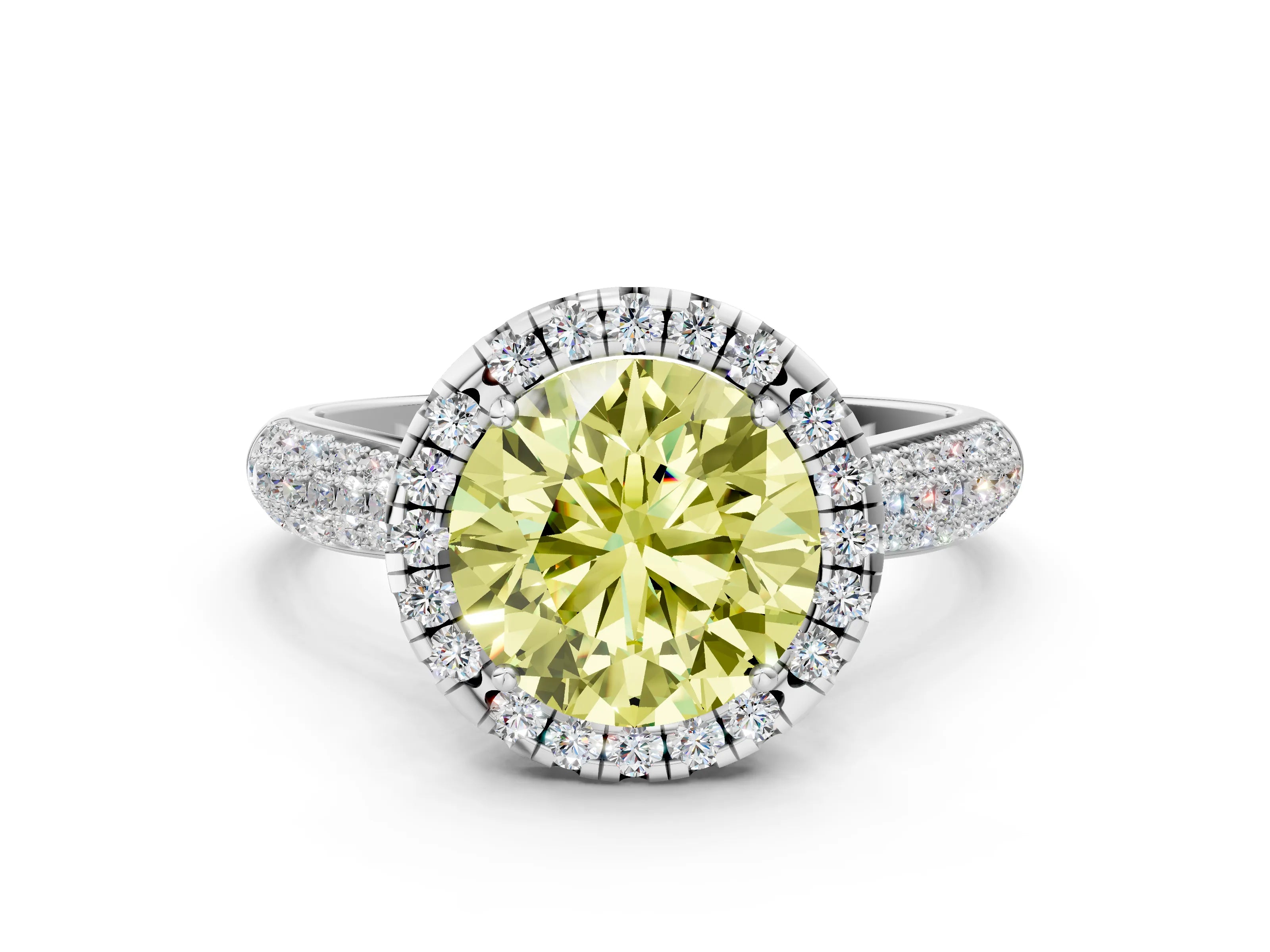White gold Fancy Yellow Round Cut Halo Diamond Ring with Pavé Band_24