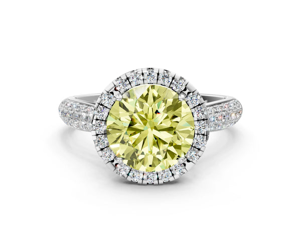 White gold Fancy Yellow Round Cut Halo Diamond Ring with Pavé Band