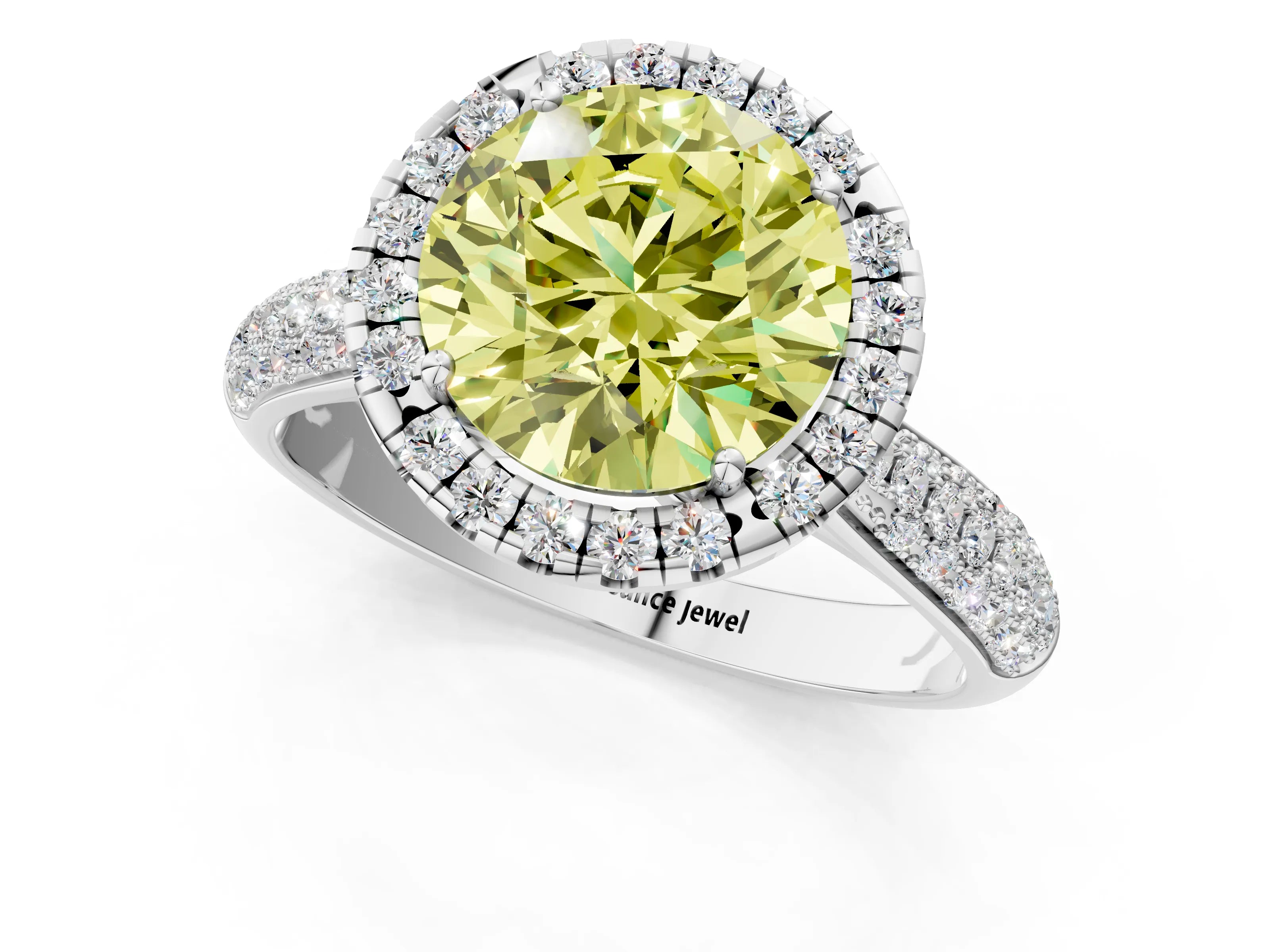 White gold Fancy Yellow Round Cut Halo Diamond Ring with Pavé Band_25