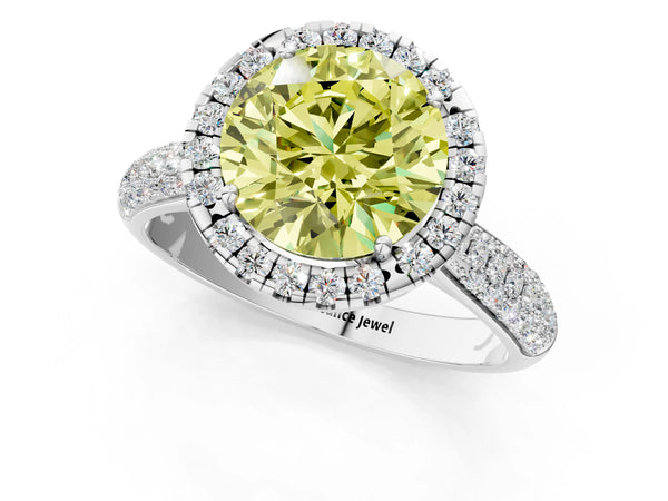 White gold Fancy Yellow Round Cut Halo Diamond Ring with Pavé Band