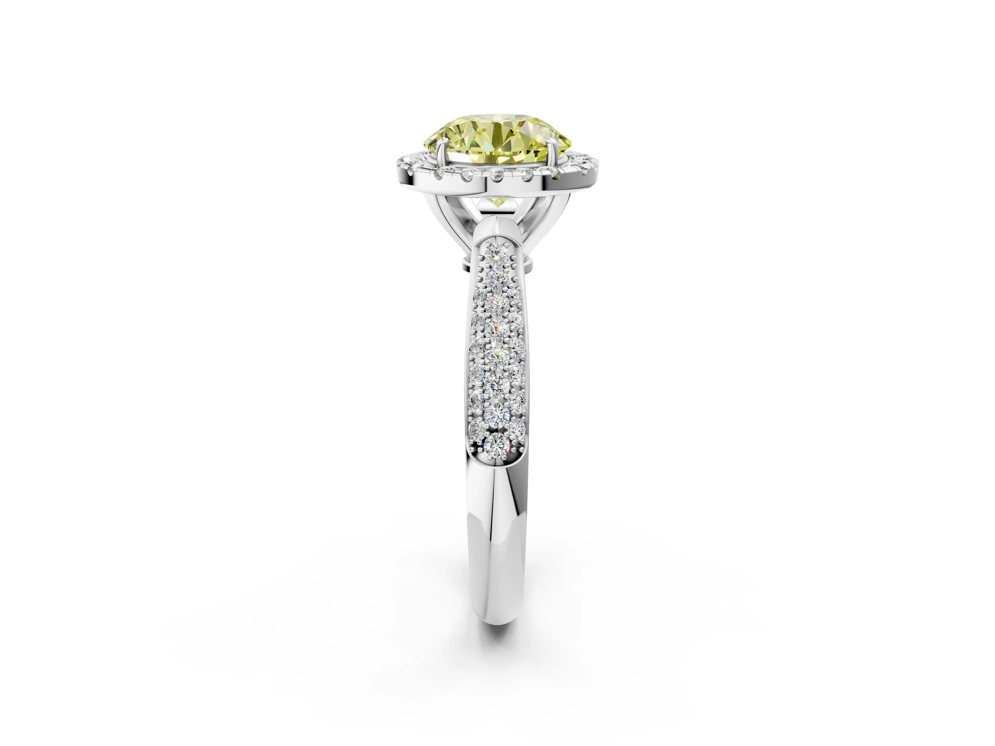 White gold Fancy Yellow Round Cut Halo Diamond Ring with Pavé Band_26