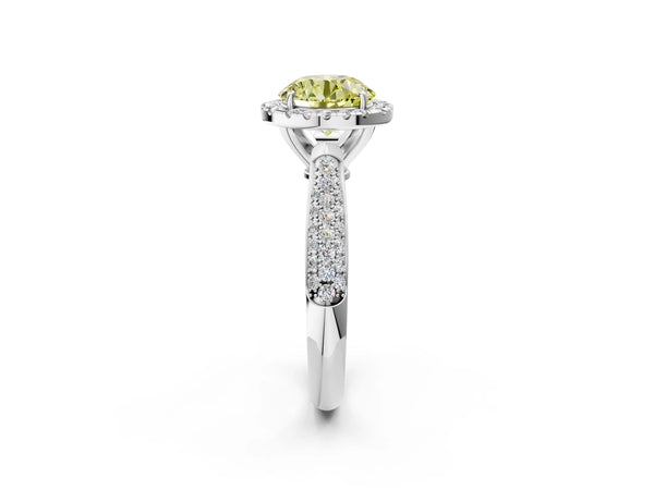 White gold Fancy Yellow Round Cut Halo Diamond Ring with Pavé Band