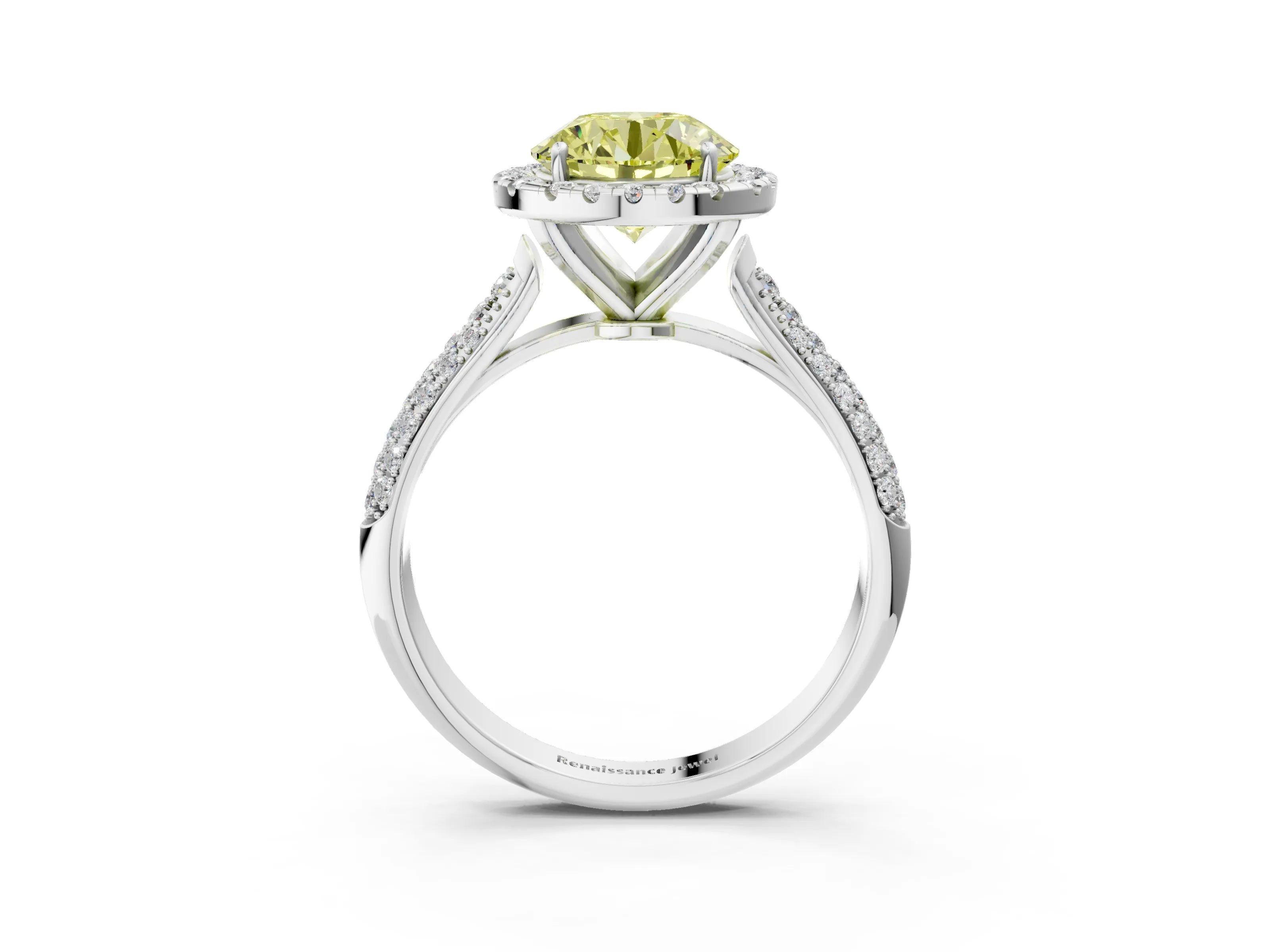 White gold Fancy Yellow Round Cut Halo Diamond Ring with Pavé Band_27