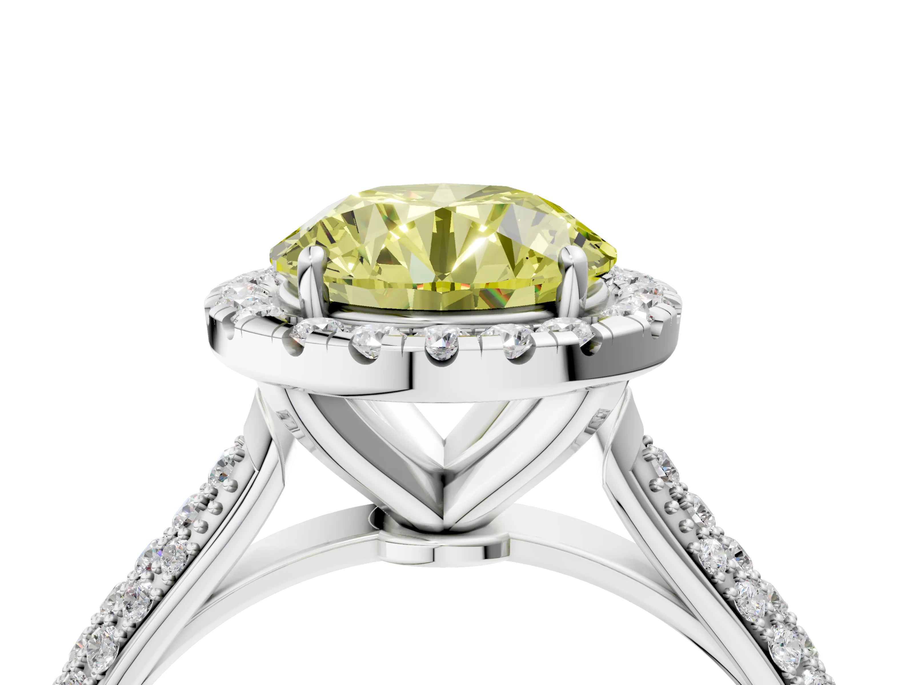 White gold Fancy Yellow Round Cut Halo Diamond Ring with Pavé Band_28