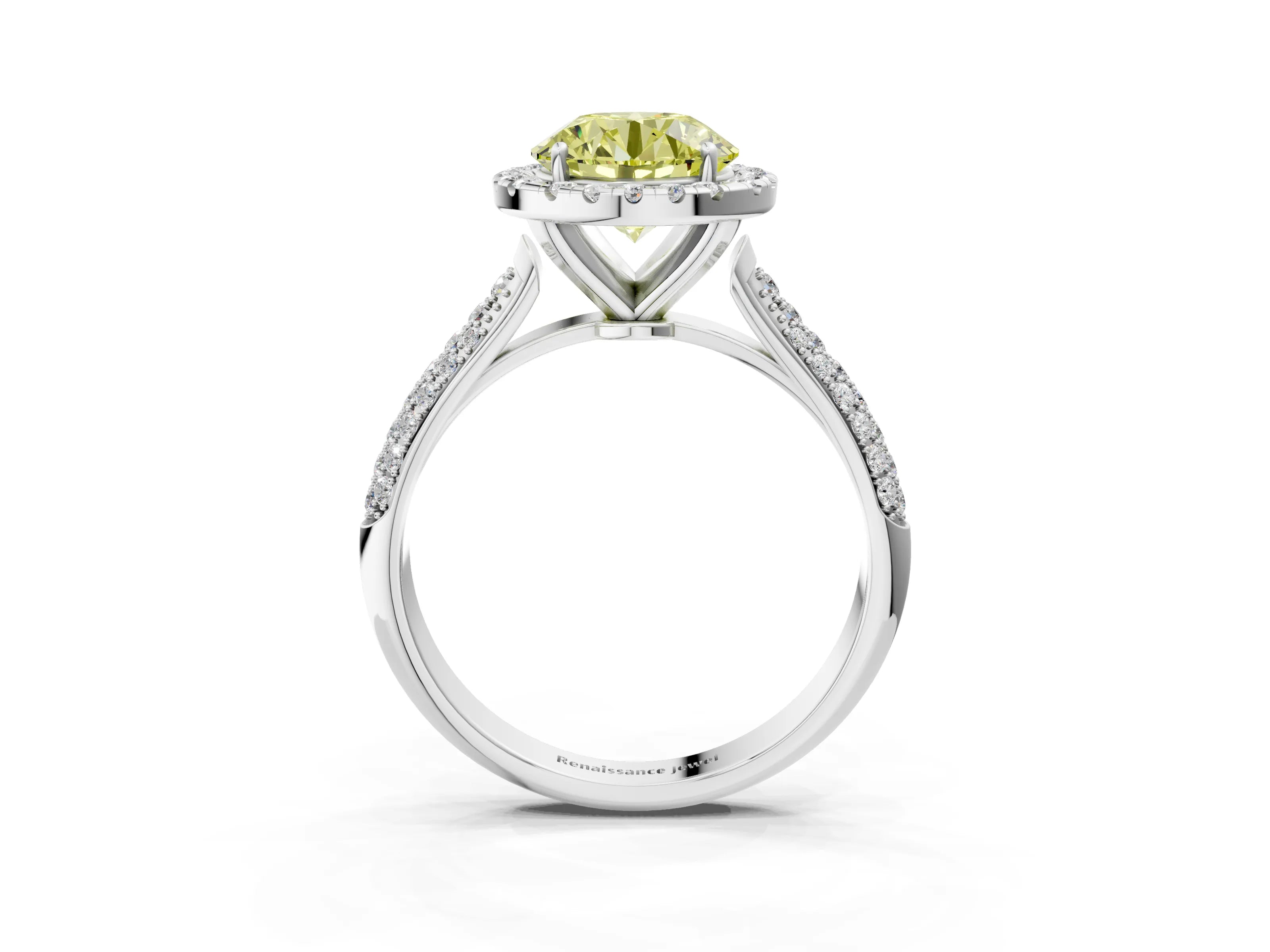White gold Fancy Yellow Round Cut Halo Diamond Ring with Pavé Band_3