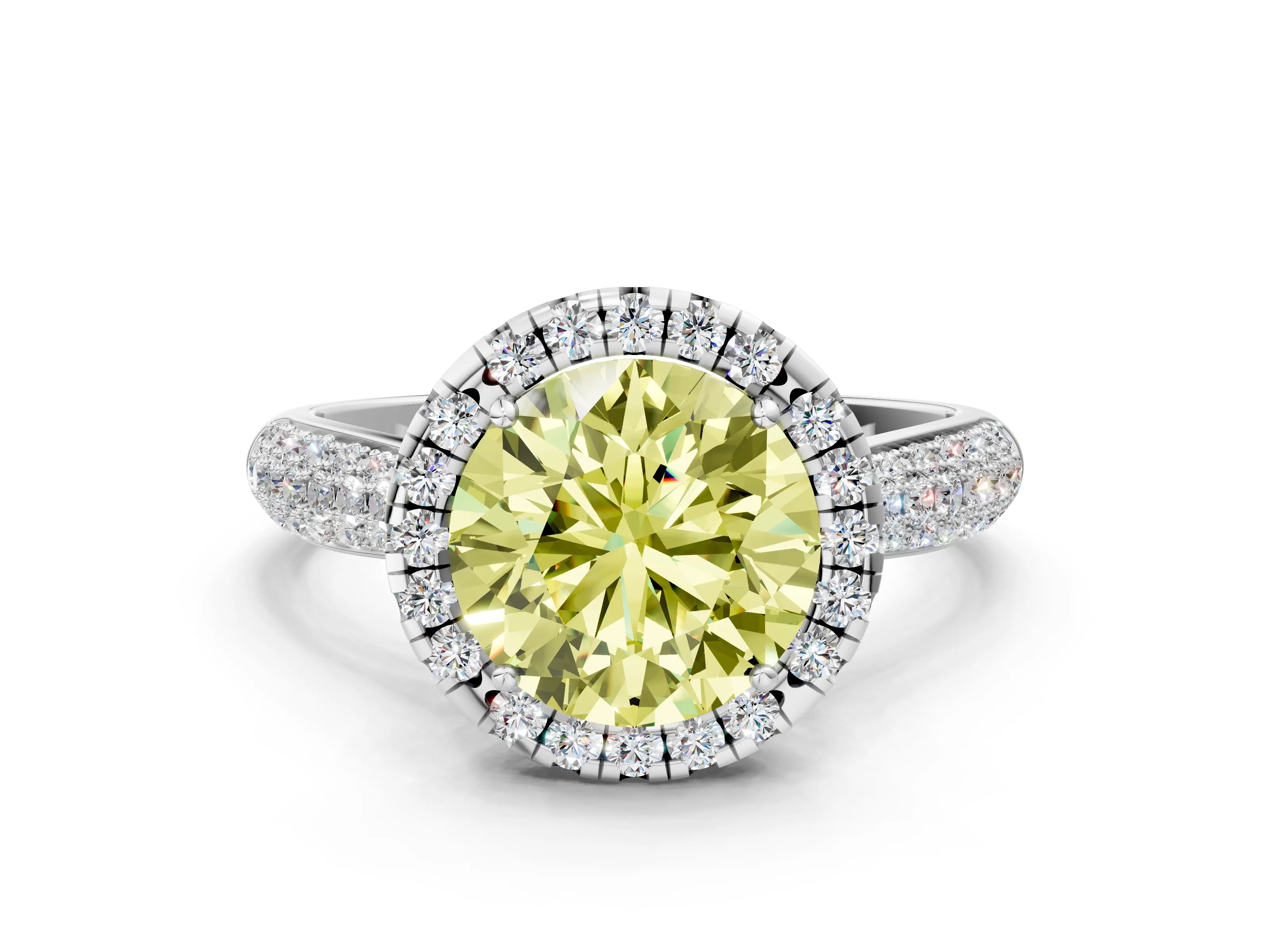White gold Fancy Yellow Round Cut Halo Diamond Ring with Pavé Band