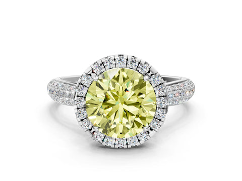 White gold Fancy Yellow Round Cut Halo Diamond Ring with Pavé Band