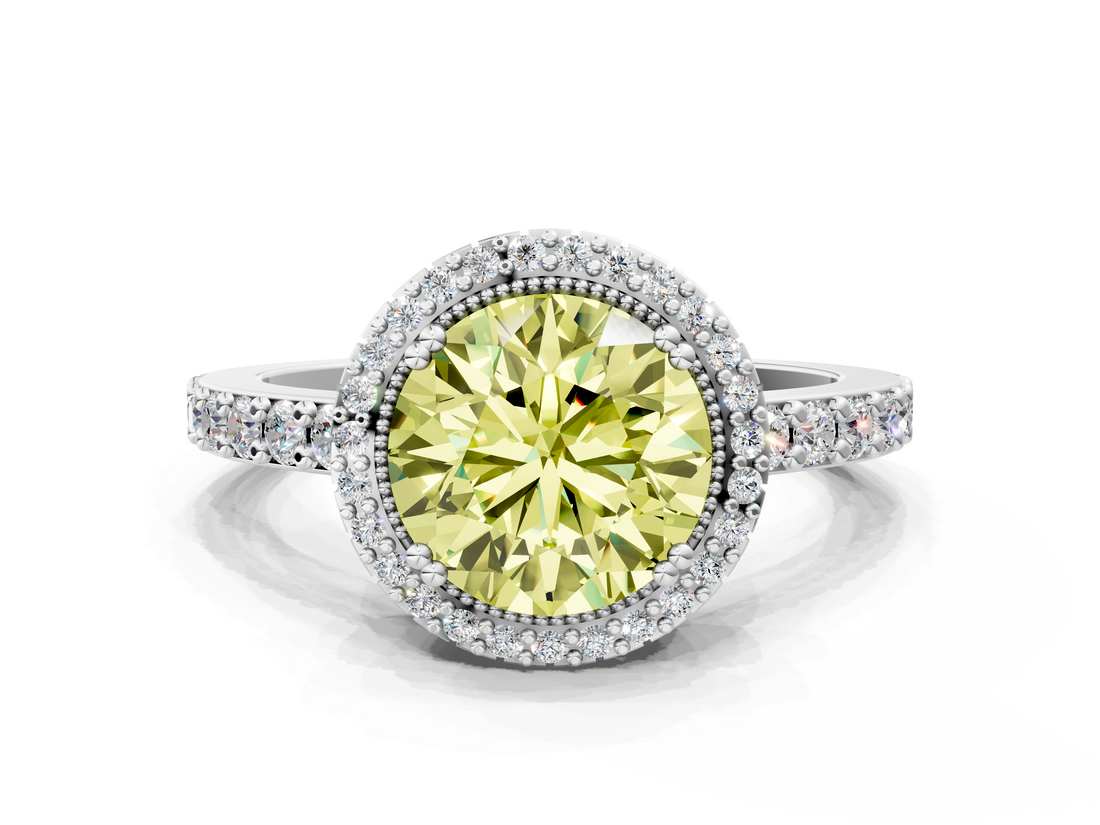White gold Fancy Yellow Round  Cut Halo Diamond Ring with Pave Band and Four-Prong Setting