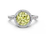 White gold Fancy Yellow Round  Cut Halo Diamond Ring with Pave Band and Four-Prong Setting