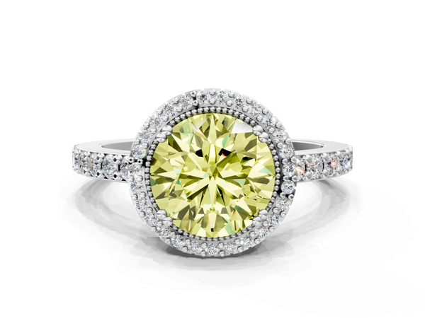 Platinum Fancy Yellow Round  Cut Diamond Halo Engagement Ring with Milgrain Detail and Pavé Band