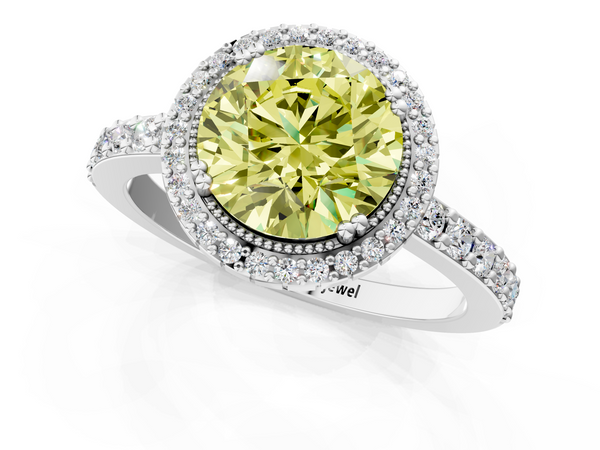 Platinum Fancy Yellow Round  Cut Diamond Halo Engagement Ring with Milgrain Detail and Pavé Band