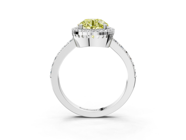 Platinum Fancy Yellow Round  Cut Diamond Halo Engagement Ring with Milgrain Detail and Pavé Band