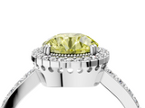 White gold Fancy Yellow Round  Cut Halo Diamond Ring with Pave Band and Four-Prong Setting_4