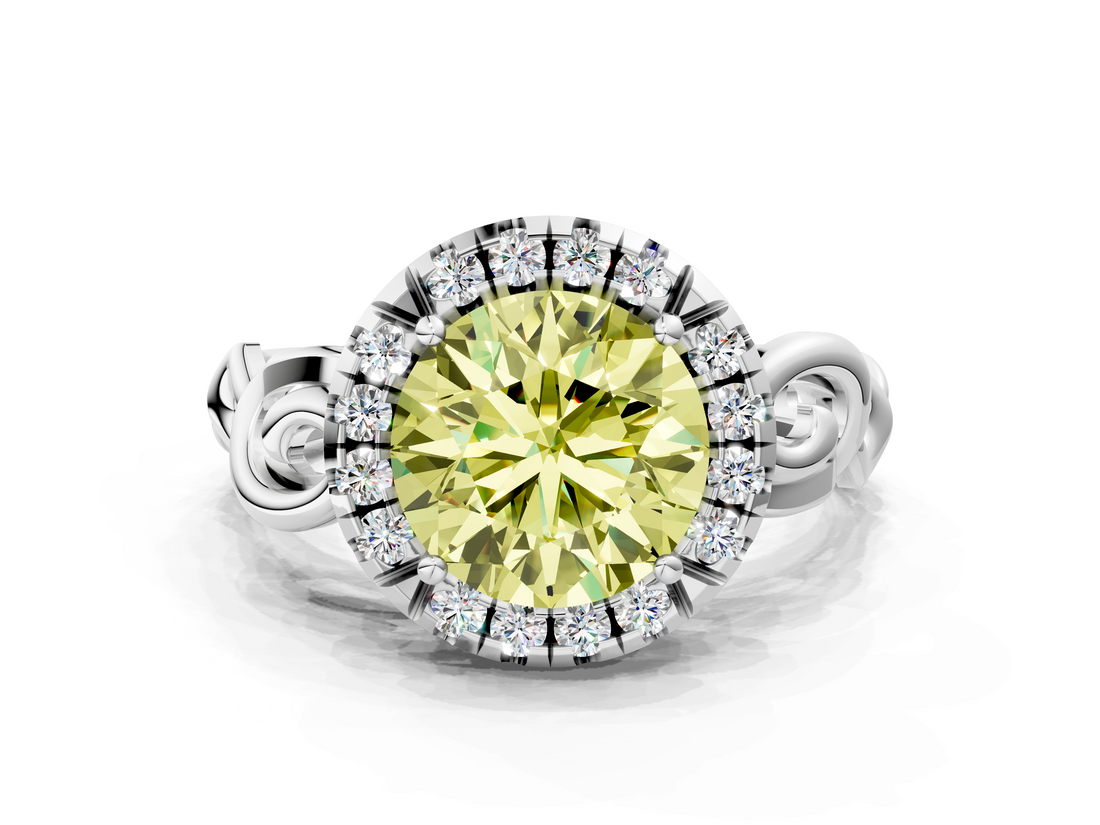 White gold Fancy Yellow Round  Cut Halo Diamond Ring with Scrollwork Band and Four-Prong Setting
