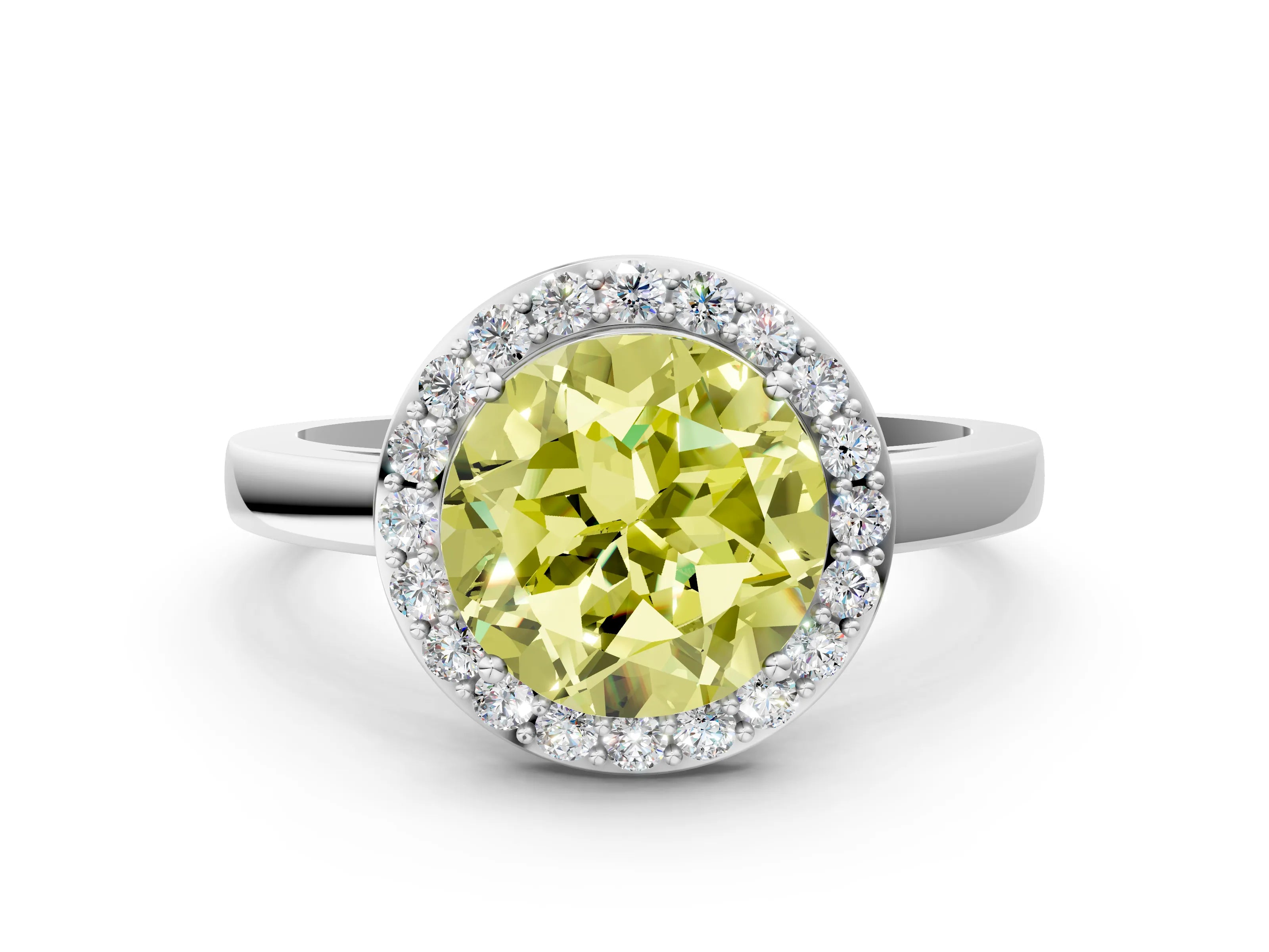 White gold Fancy Yellow Round Cut Halo Diamond Ring with Solitaire Band and Prong Setting
