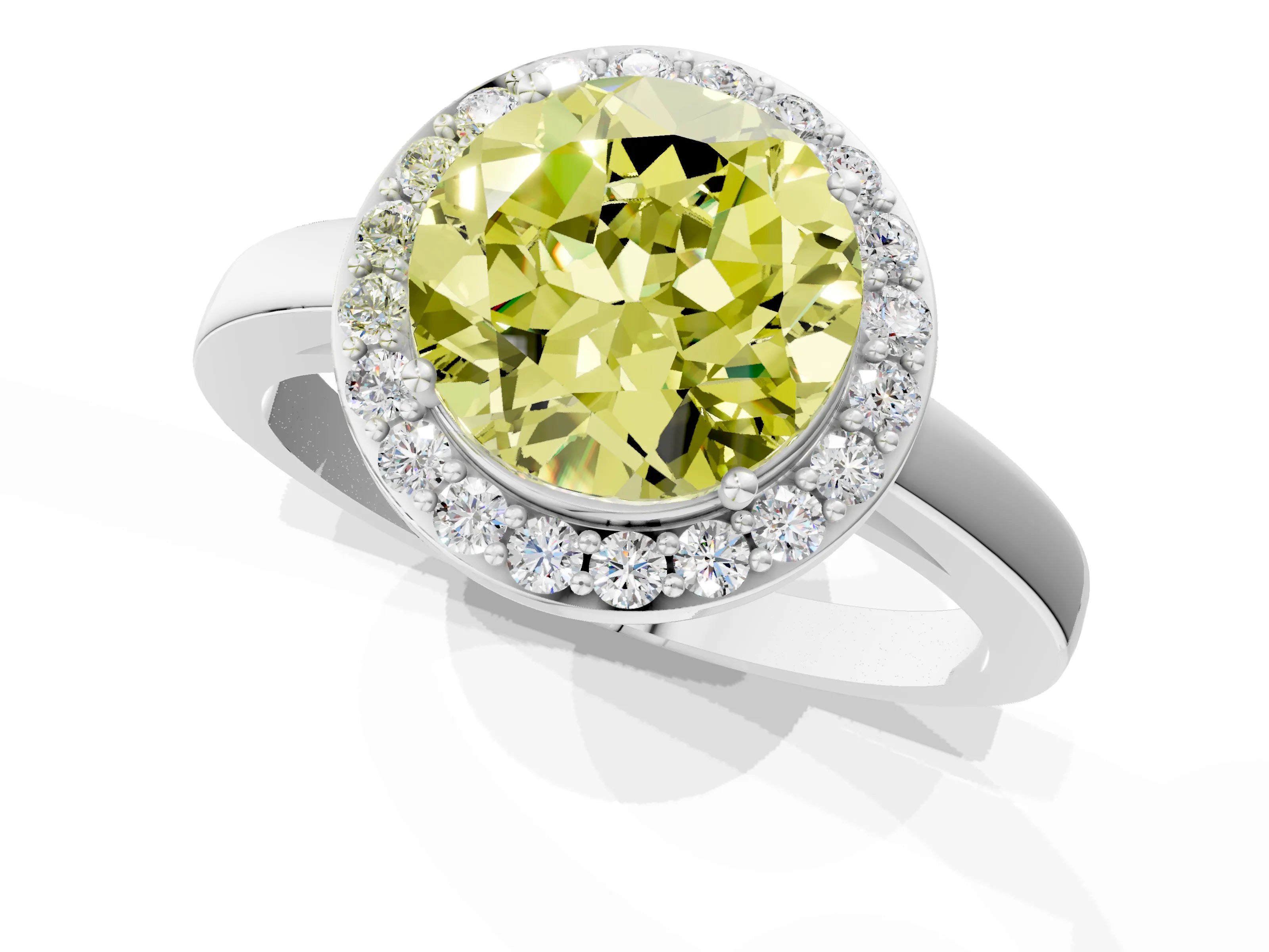 White gold Fancy Yellow Round Cut Halo Diamond Ring with Solitaire Band and Prong Setting_1